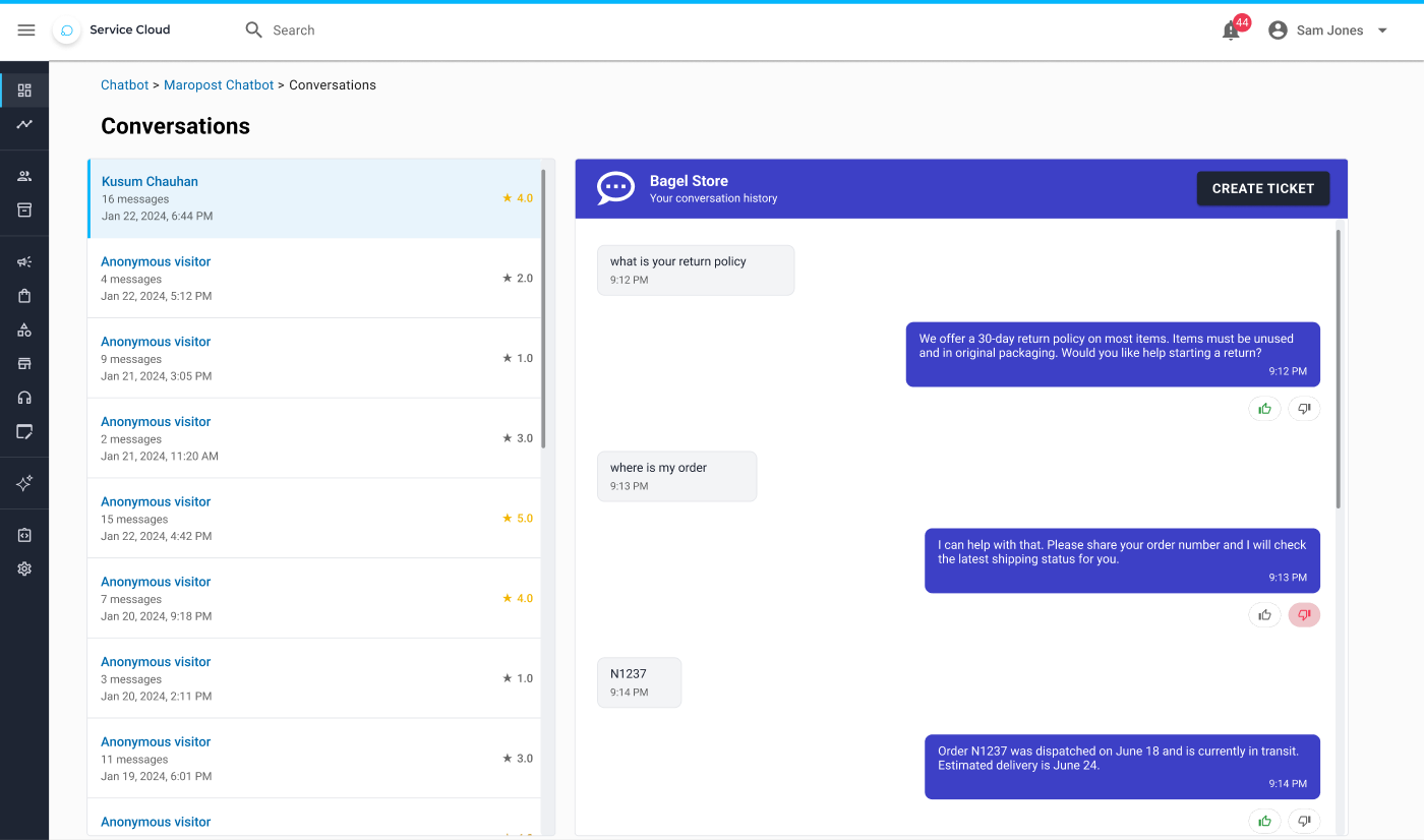 Service Cloud Conversations list with star ratings and transcript