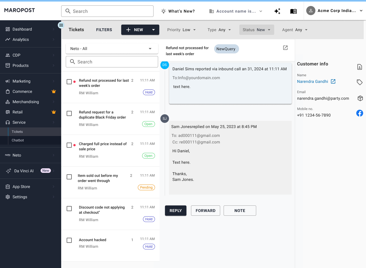 Redesigned tickets page with queue on the left, conversation in the centre, and customer on the right