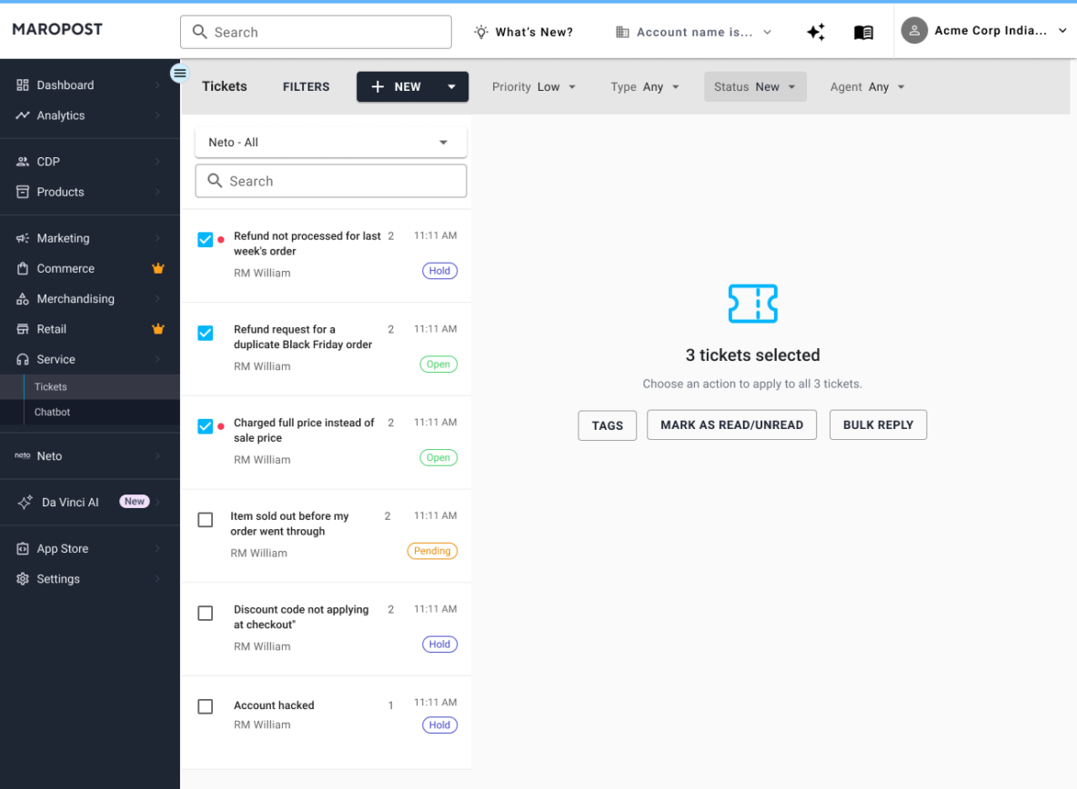Service Cloud Tickets workspace