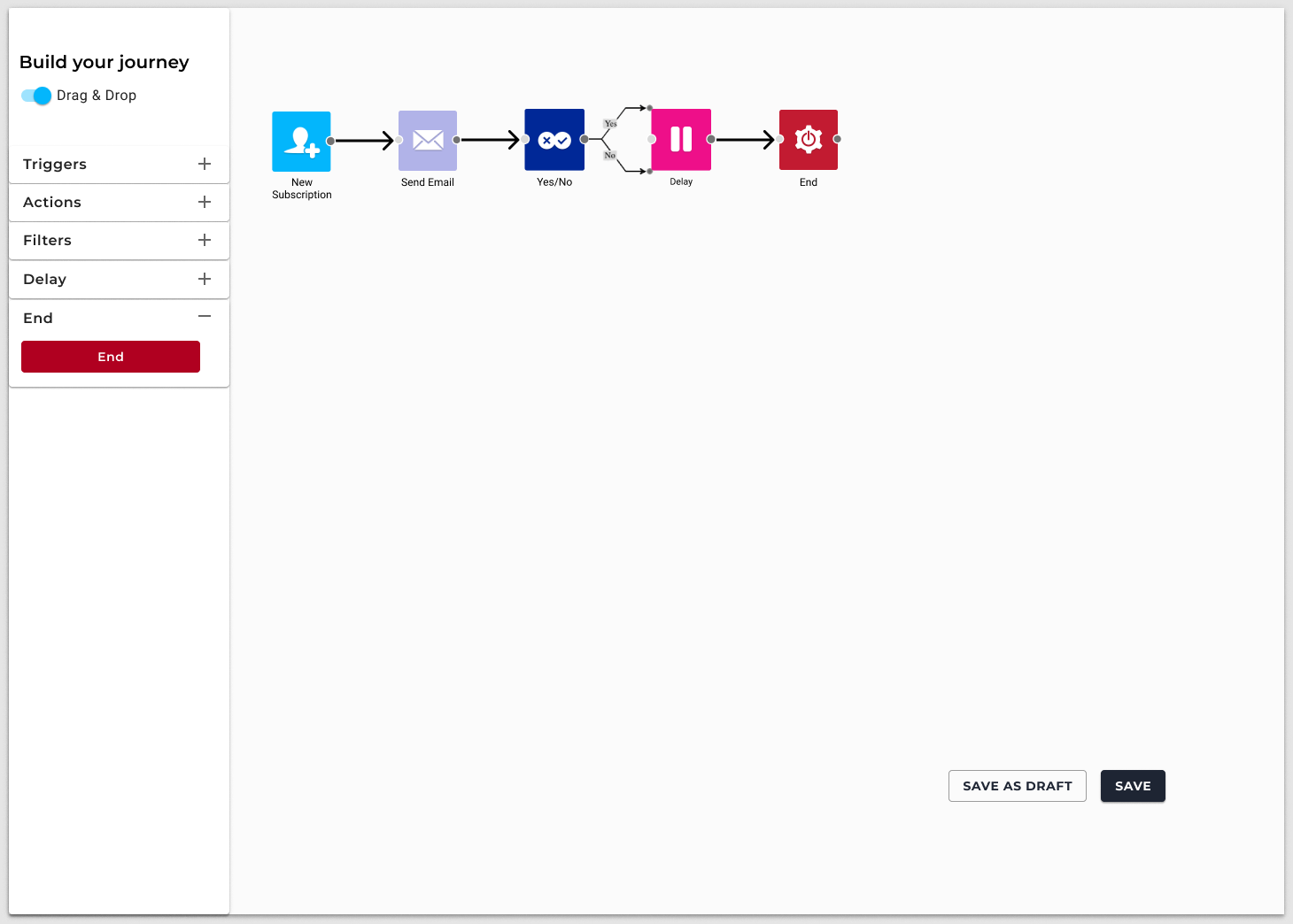 Legacy Journey Builder with icon nodes and a left accordion of tools
