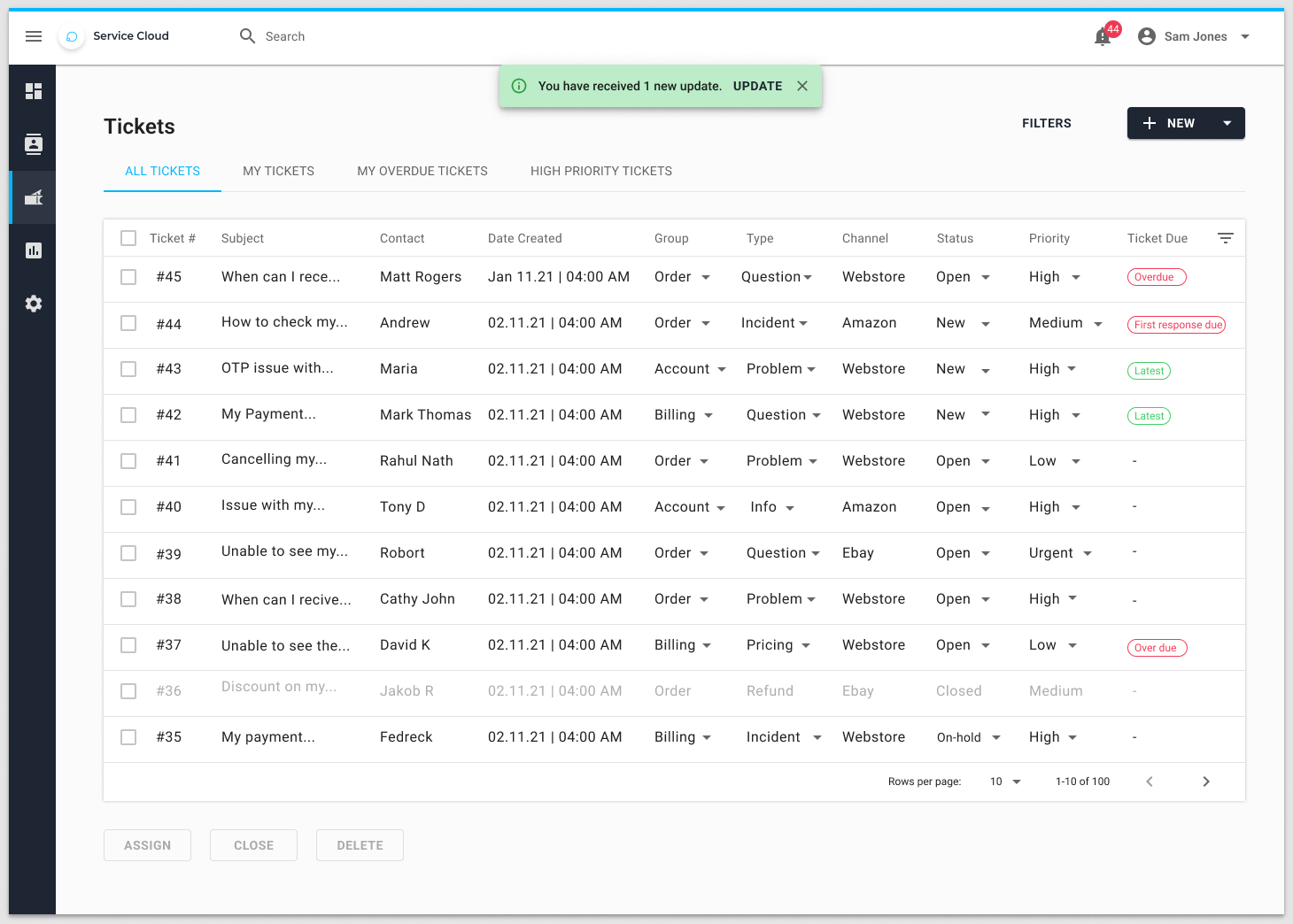 Old Service Cloud tickets page as a dense ten-column table with bulk actions under the list