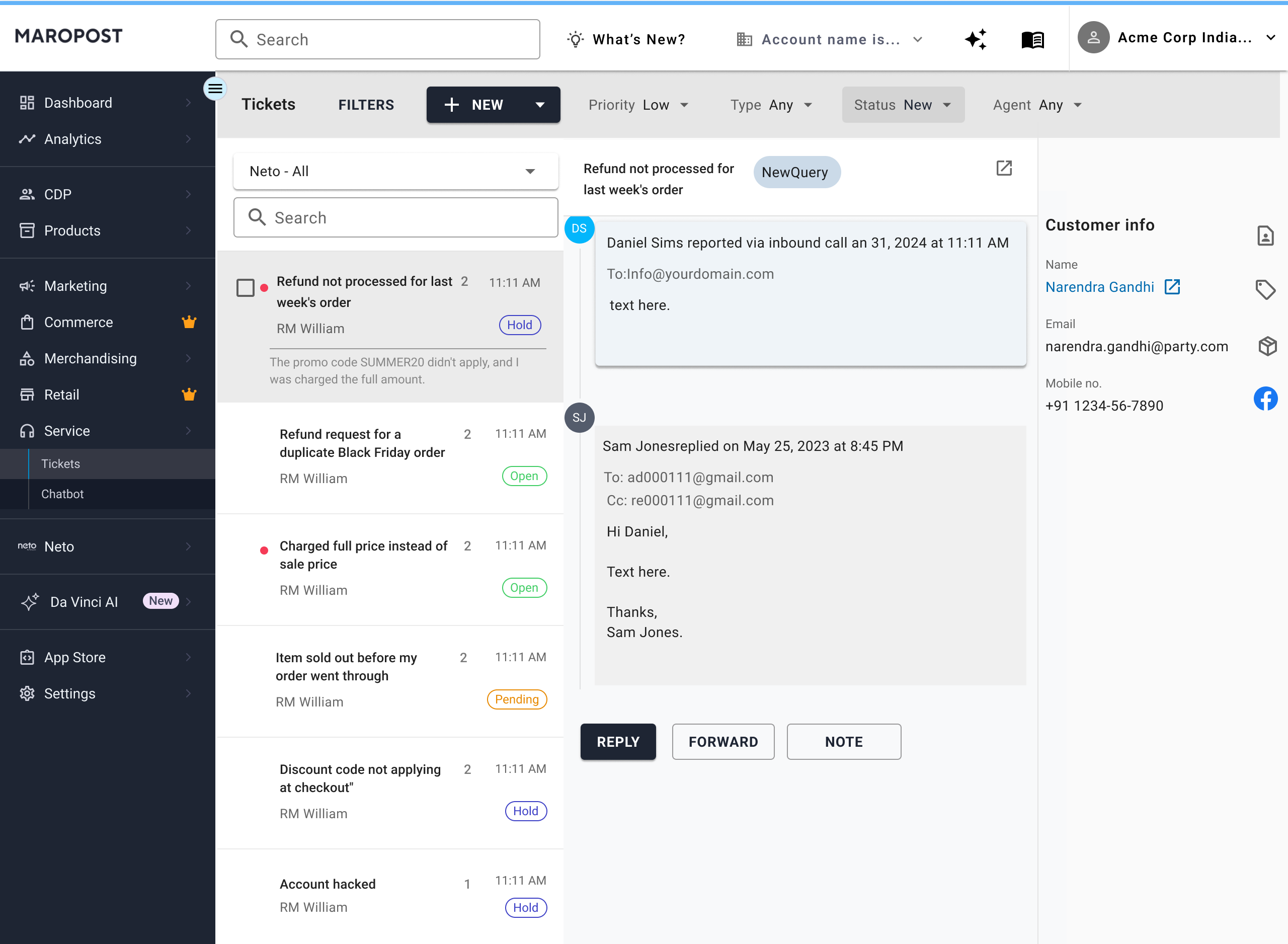 Tickets workspace with left nav open. The hovered row shows the last customer message; other rows stay compact.