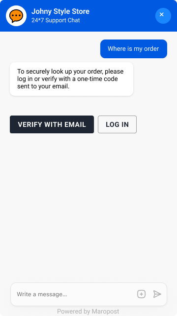 Chat widget asking the visitor to log in or verify with a one-time email code before order lookup