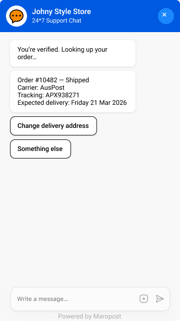 Verified chat showing order 10482 shipped with AusPost tracking and next-action chips