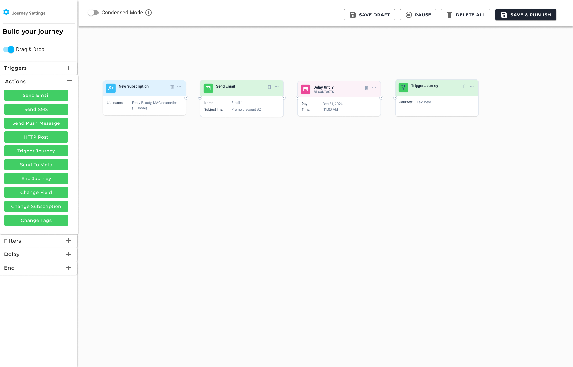 Send Email action configuration drawer with campaign and content fields