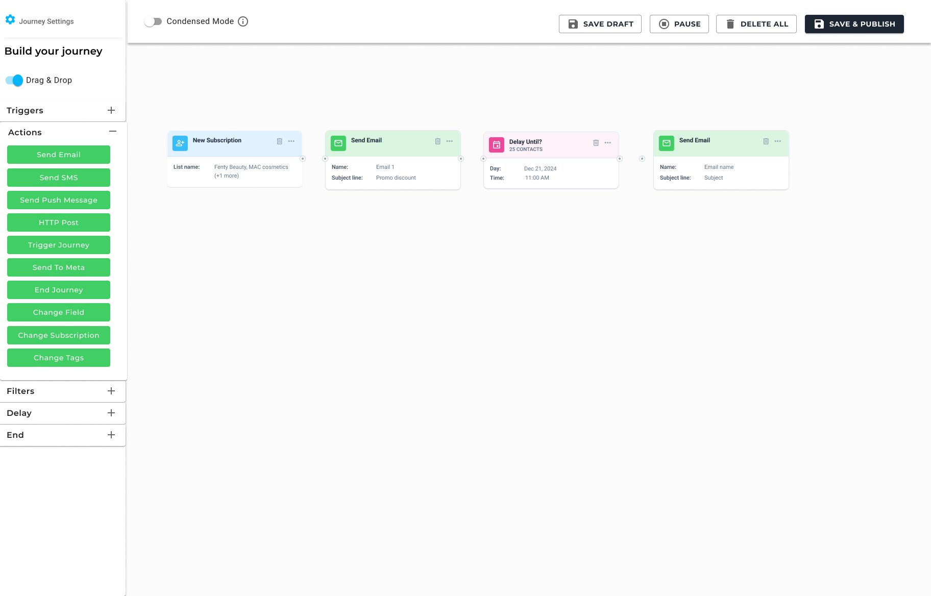New Subscription trigger configured in a right-hand drawer while the journey stays visible