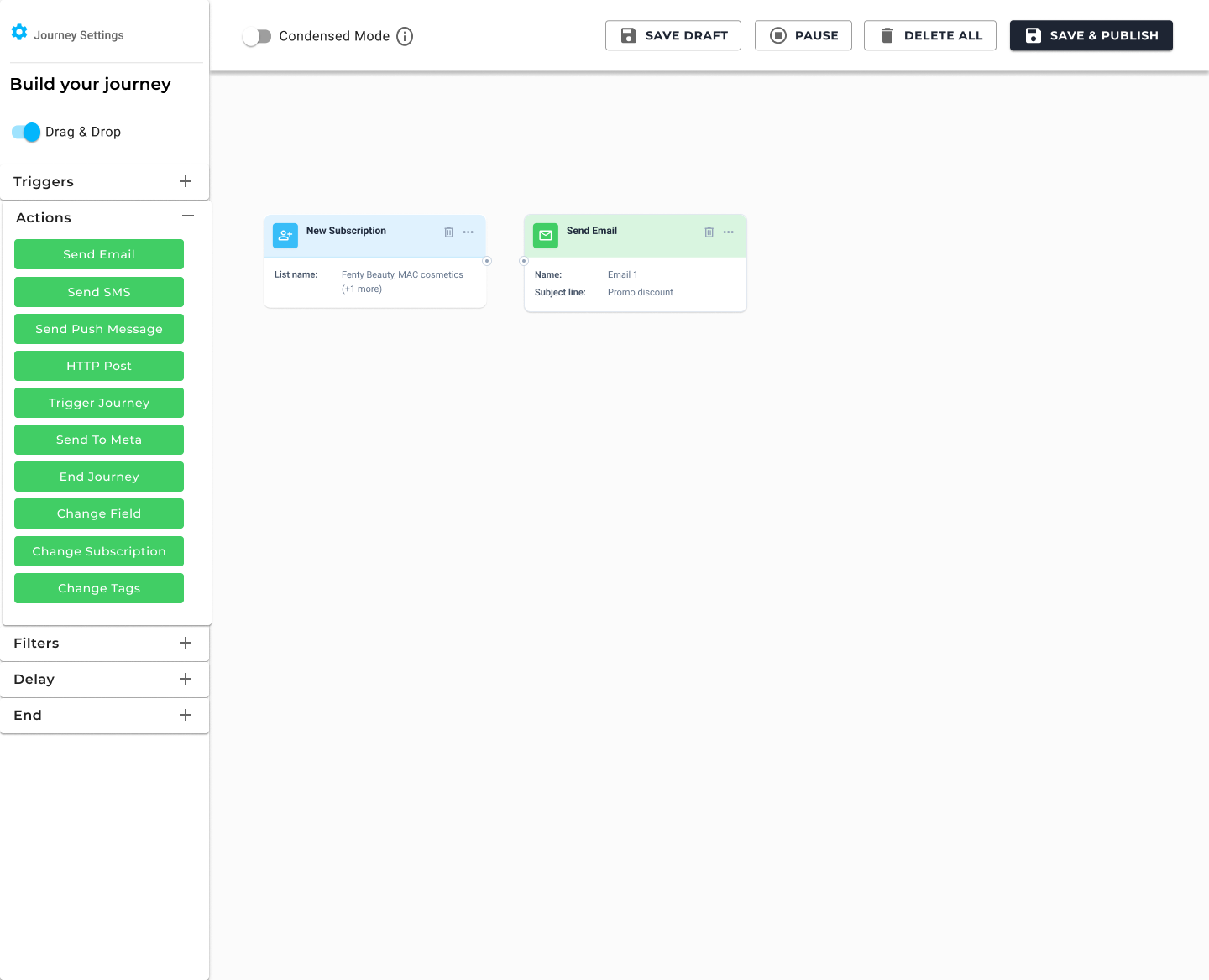 New Journey Builder canvas with New Subscription and Send Email cards, sidebar palette, and Liquid Sky chrome
