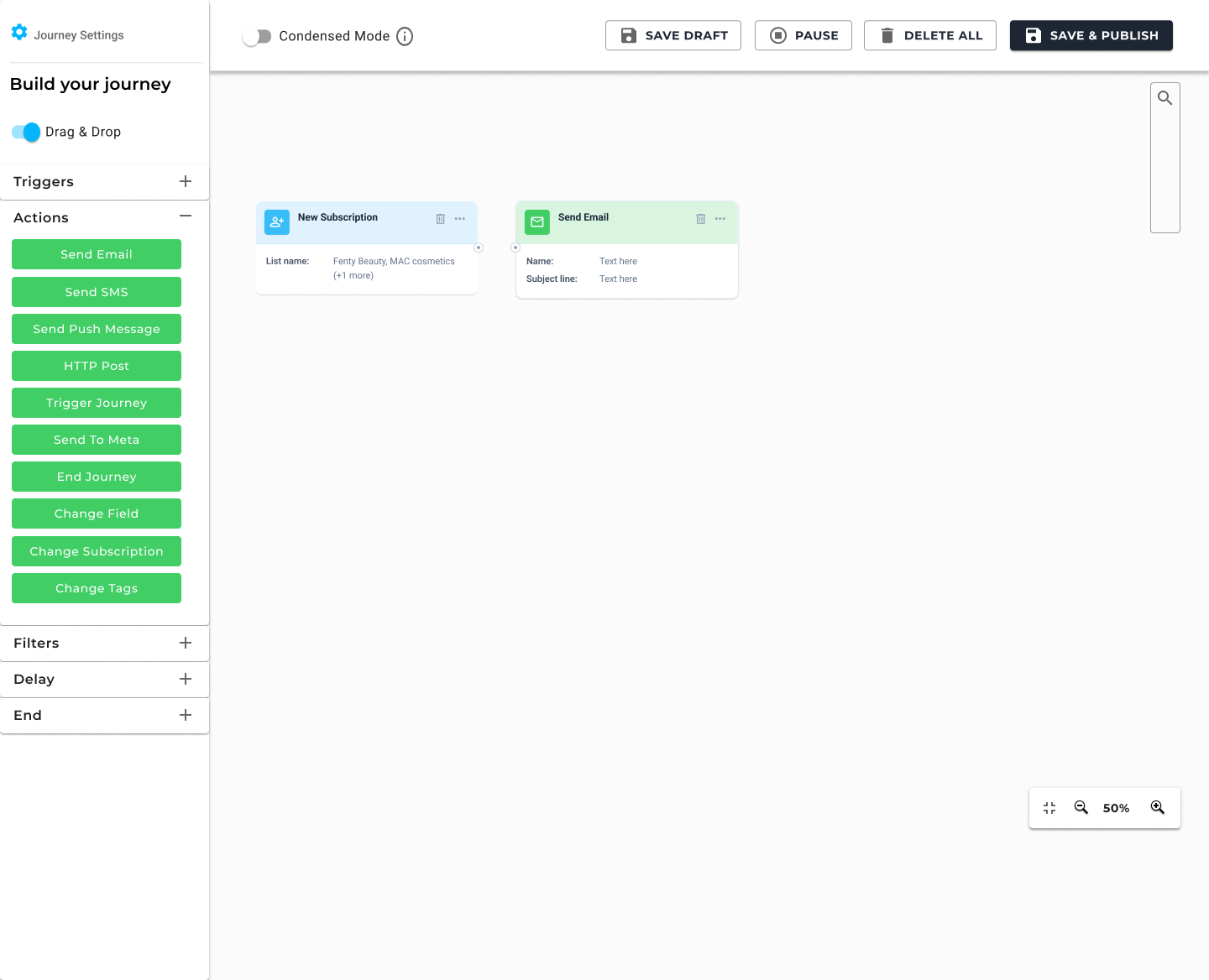 Journey Builder with the Actions palette expanded and a Delay card on the canvas
