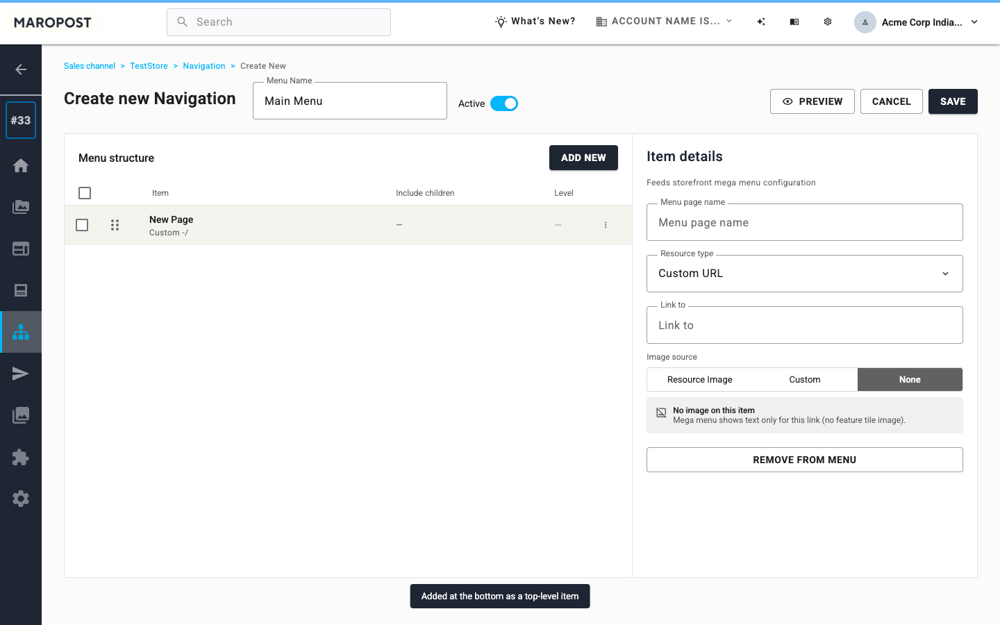 Item details for a new menu item with Custom URL, Link to, Image source Resource Image Custom or None, and Remove from menu
