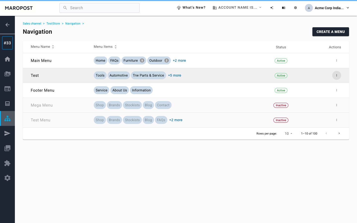 Navigation listing with Main Menu, Test, Footer Menu, Mega Menu, and Test Menu. Item chips, Active and Inactive status, Create a menu