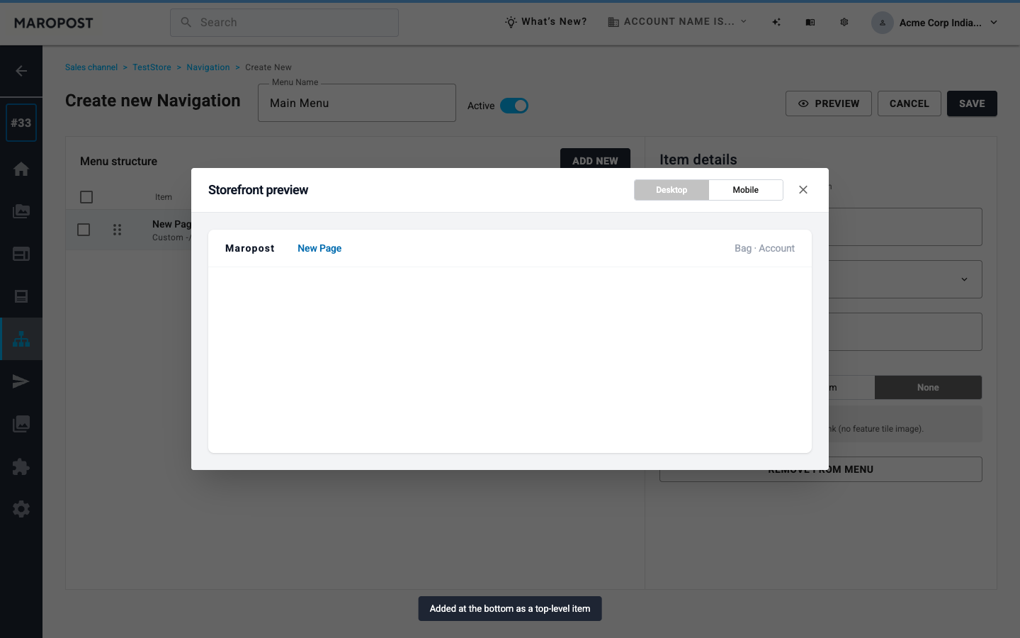 Storefront preview overlay with Desktop and Mobile, showing New Page on the storefront next to Bag and Account