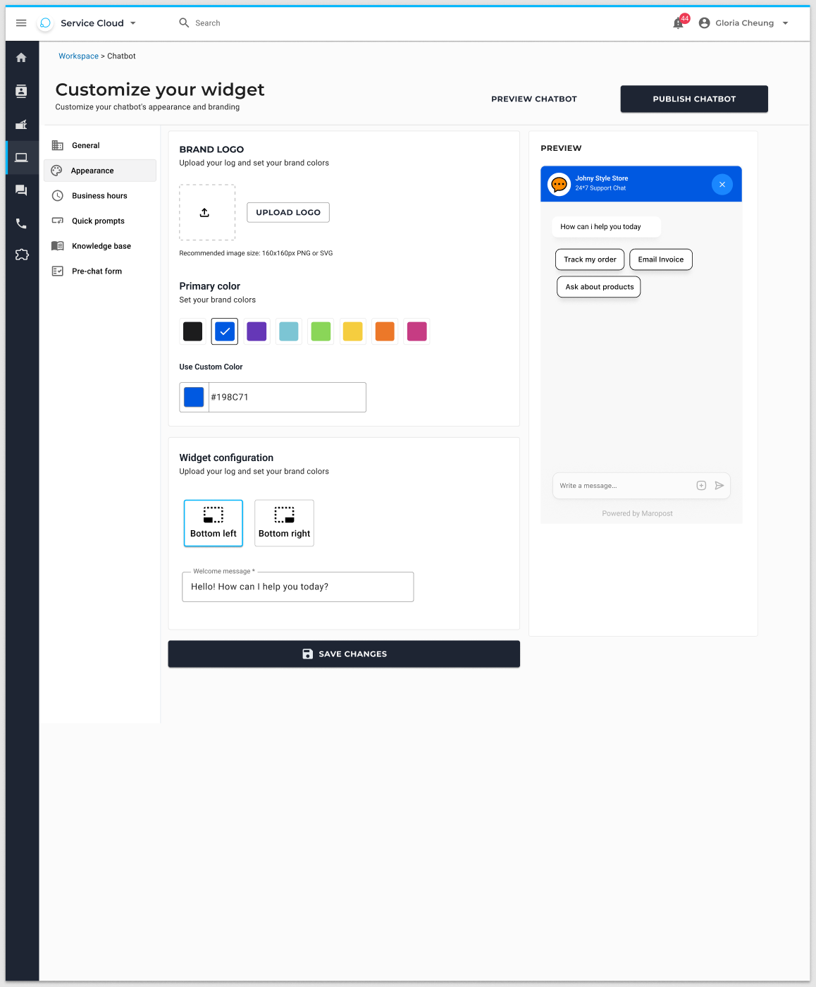 Appearance setup with logo and brand colour