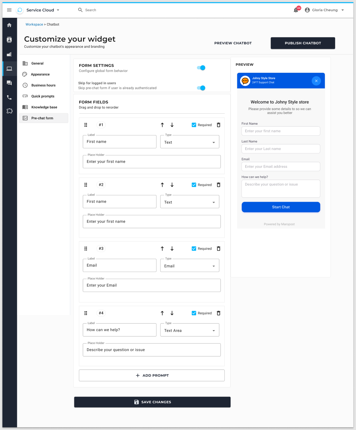 Form settings for email name and phone capture