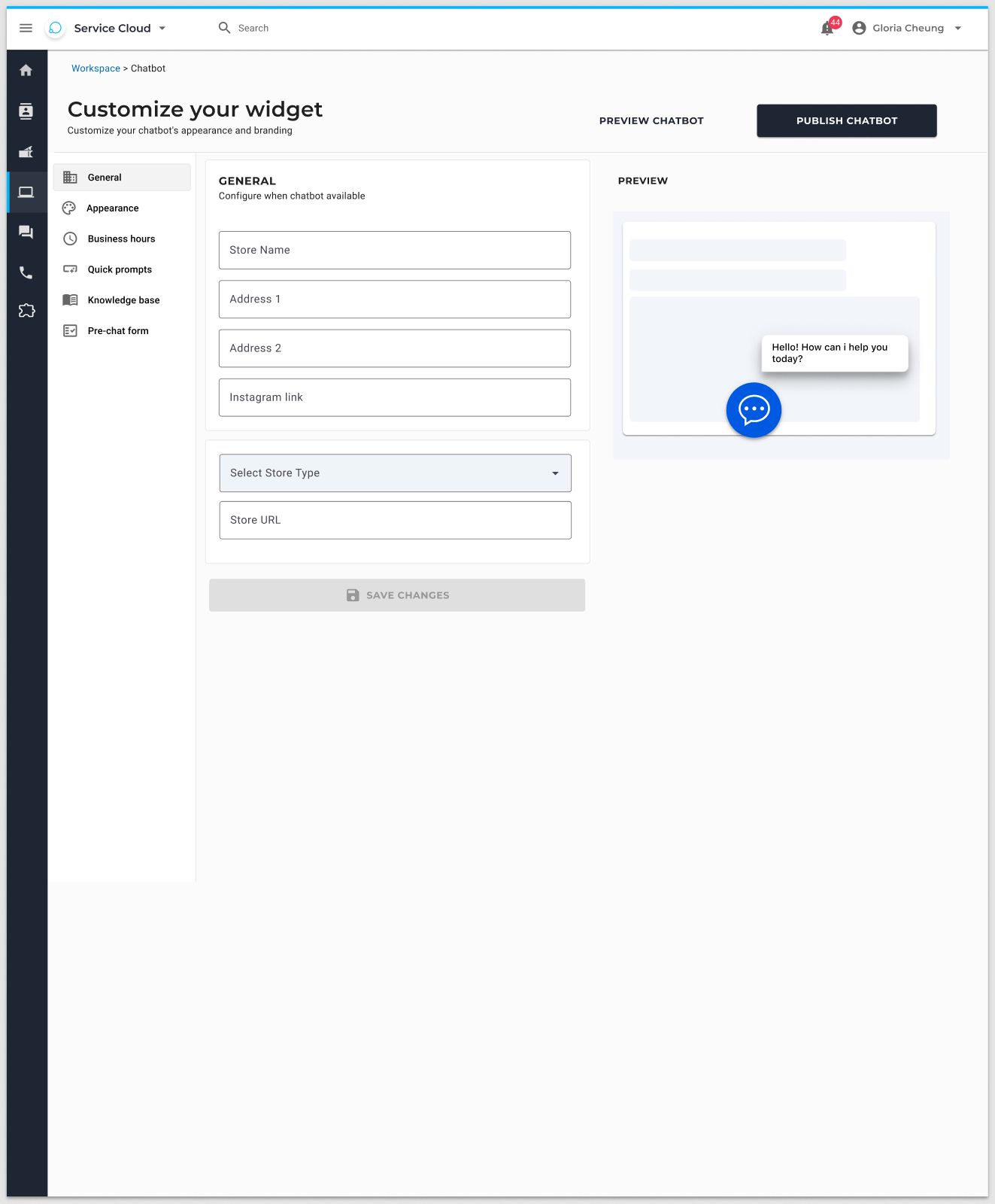 General setup with chatbot name and description