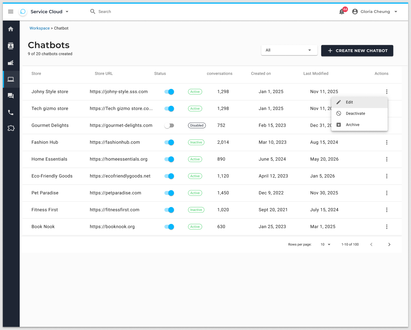 Chatbots list with Create new chatbot
