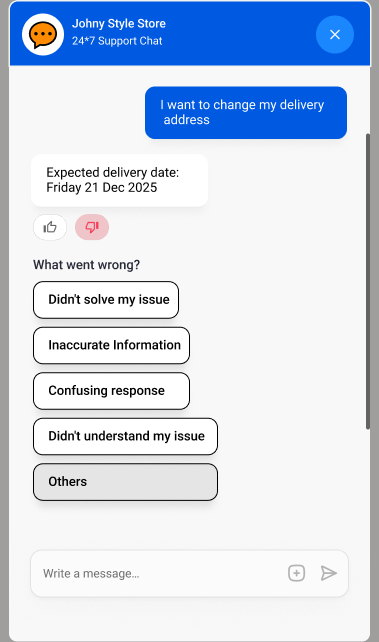Chat widget with thumbs down and reason chips