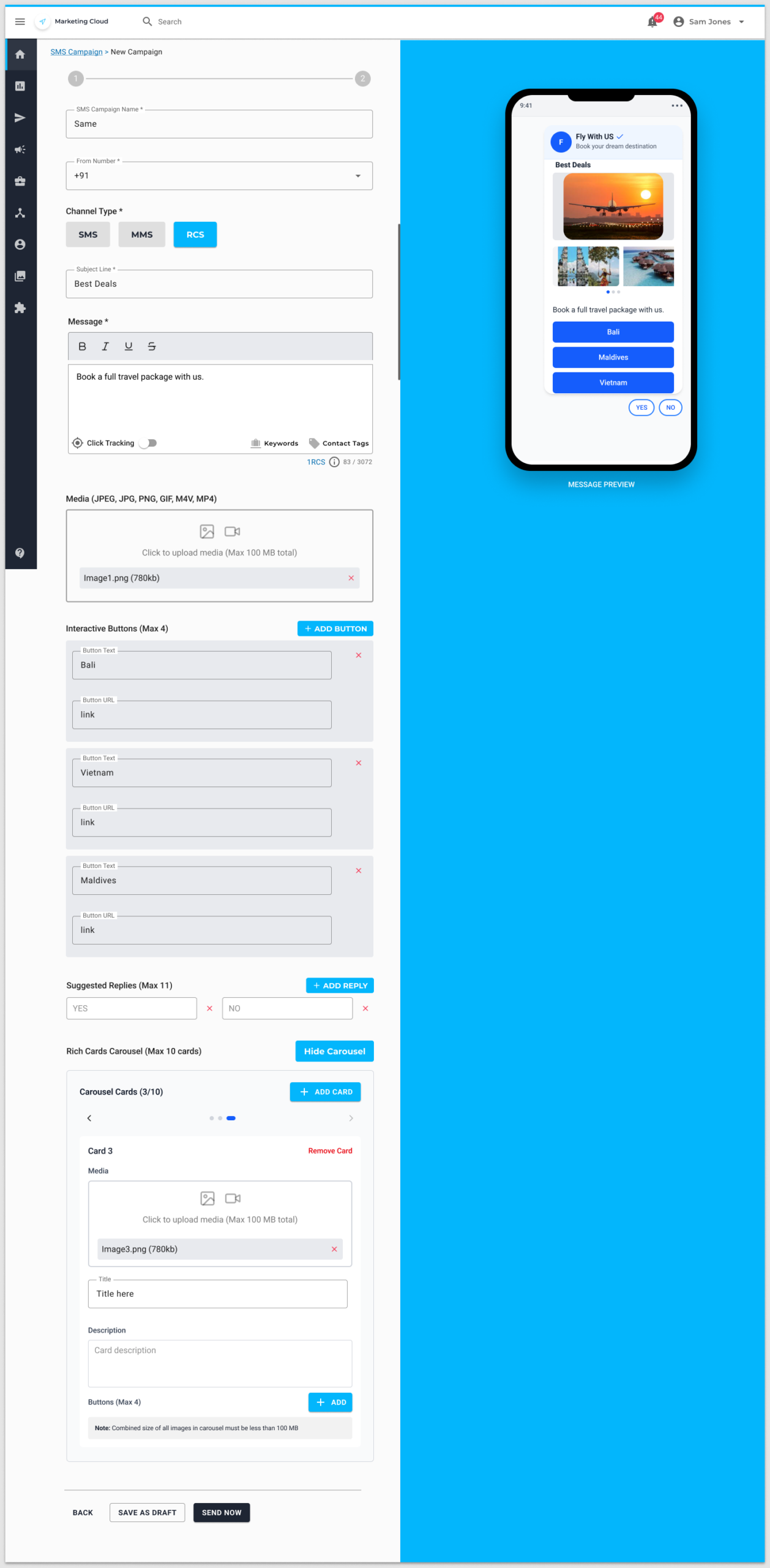 RCS campaign Best Deals with channel type RCS, media, destination buttons for Bali Vietnam and Maldives, and a Fly With US phone preview