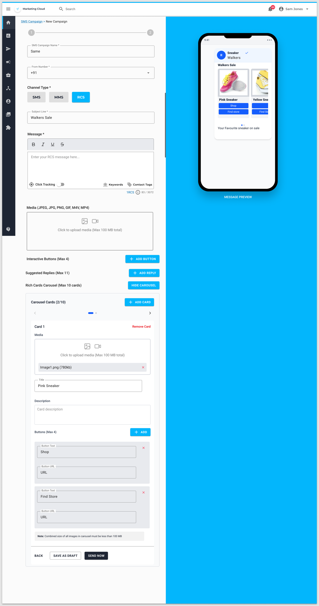 RCS campaign Walkers Sale with channel type RCS, media, carousel cards, and a Sneaker Walkers phone preview